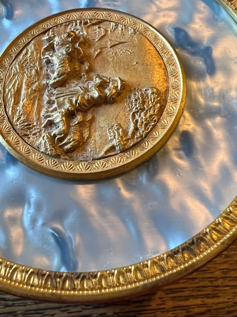 Antique French footed Round Gilt Powder Box Mirror music box guilloché enamel